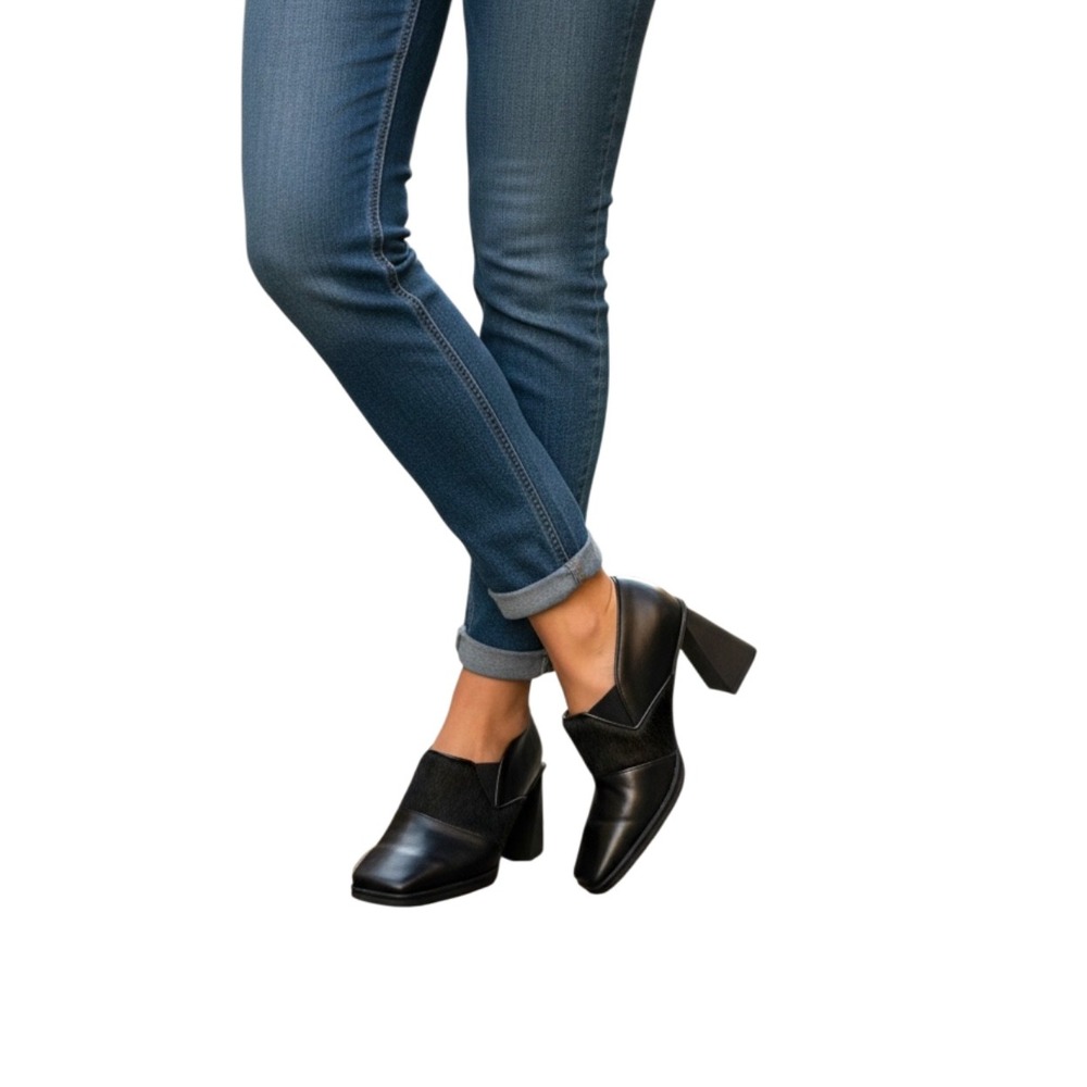 Turbo Cat Black Leather Fur Accent Block Heel Square Toe Booties Women's‎ 5.5M